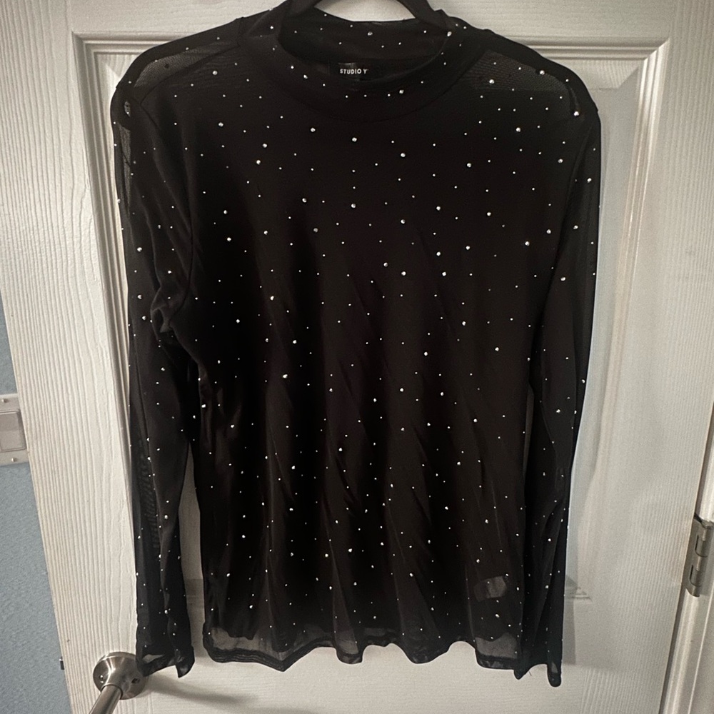 Studio Y Black Sheer Mesh Long-Sleeve Top with Silver Rhinestone Embellishments